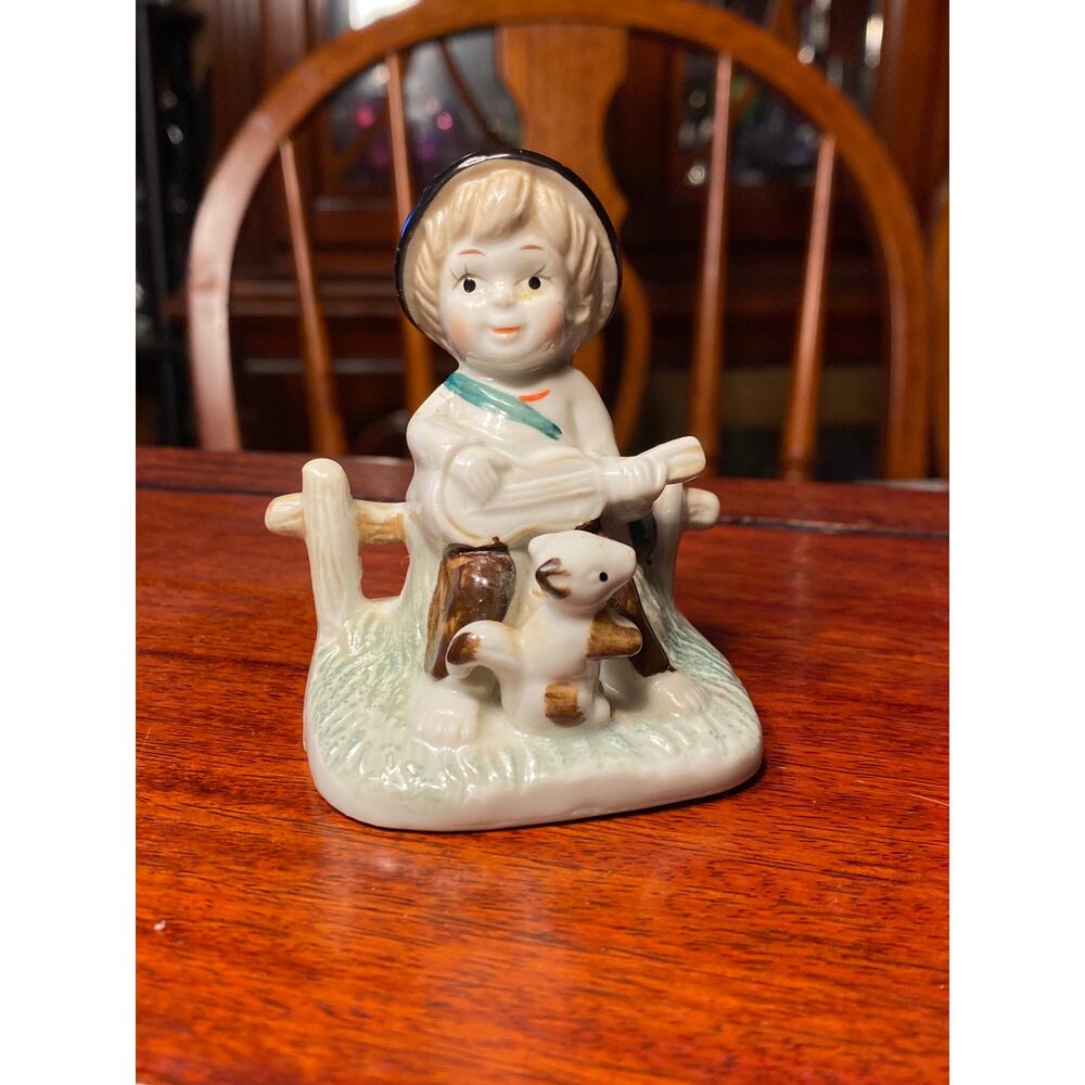 VTG 50s German Porcelain Figurine Boy w stringed instrument & squirrel 3 in tall
